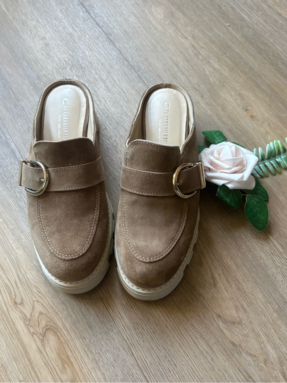 La Canadienne Chunky Buckled Suede Mules